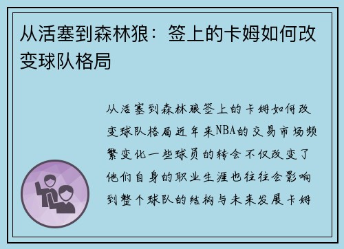 从活塞到森林狼：签上的卡姆如何改变球队格局